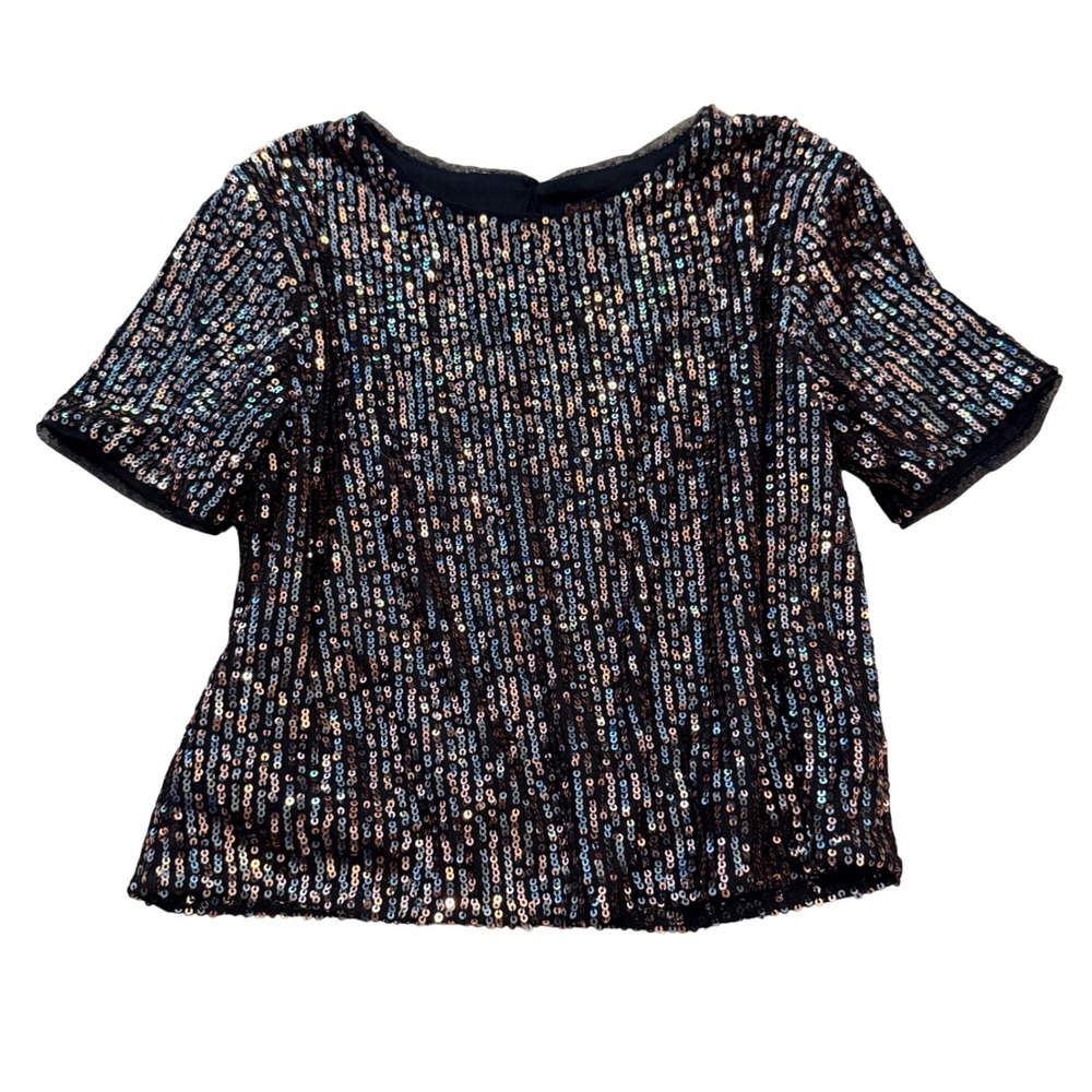 Cat & Jack Sequin Top Kids XS 4/5 Black Multi Sparkle Short Sleeve Blouse